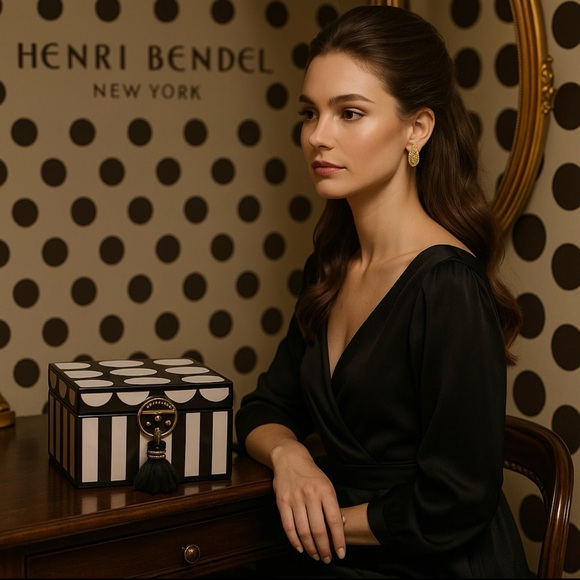 henri bendel Jewelry - HENRI BENDEL BROWN AND WHITE STRIPES AND SPOTS “HOT FOR DOTS” LAQUER JEWELY BOX
